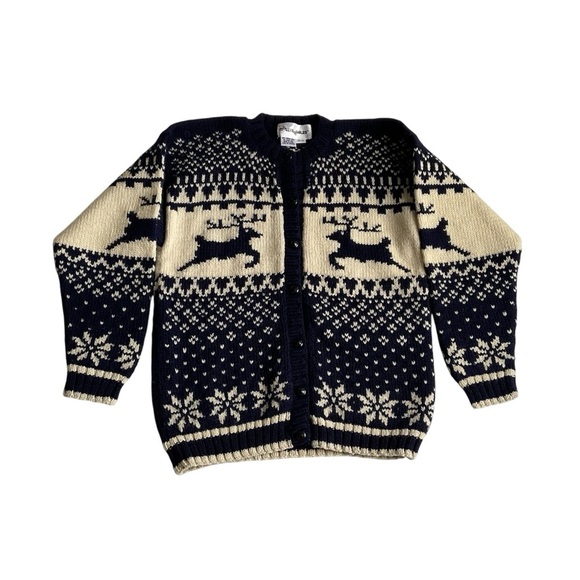 Molly Goggles Kids Reindeer Cardigan Navy Sz 12-14 Fair Isle Christmas 100% Wool - Picture 1 of 9